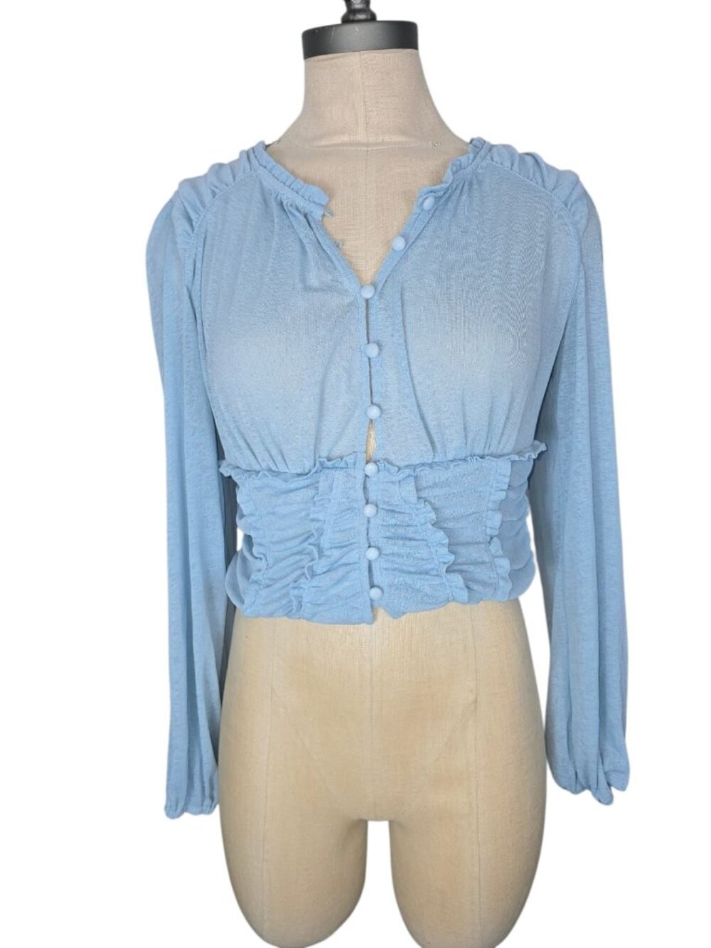 Anthropologie light blue long sleeve femme ruched cropped top women's size S